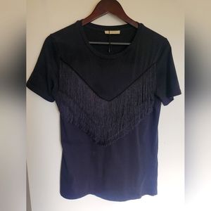 Zara Black T-shirt with Fringe Detail size small